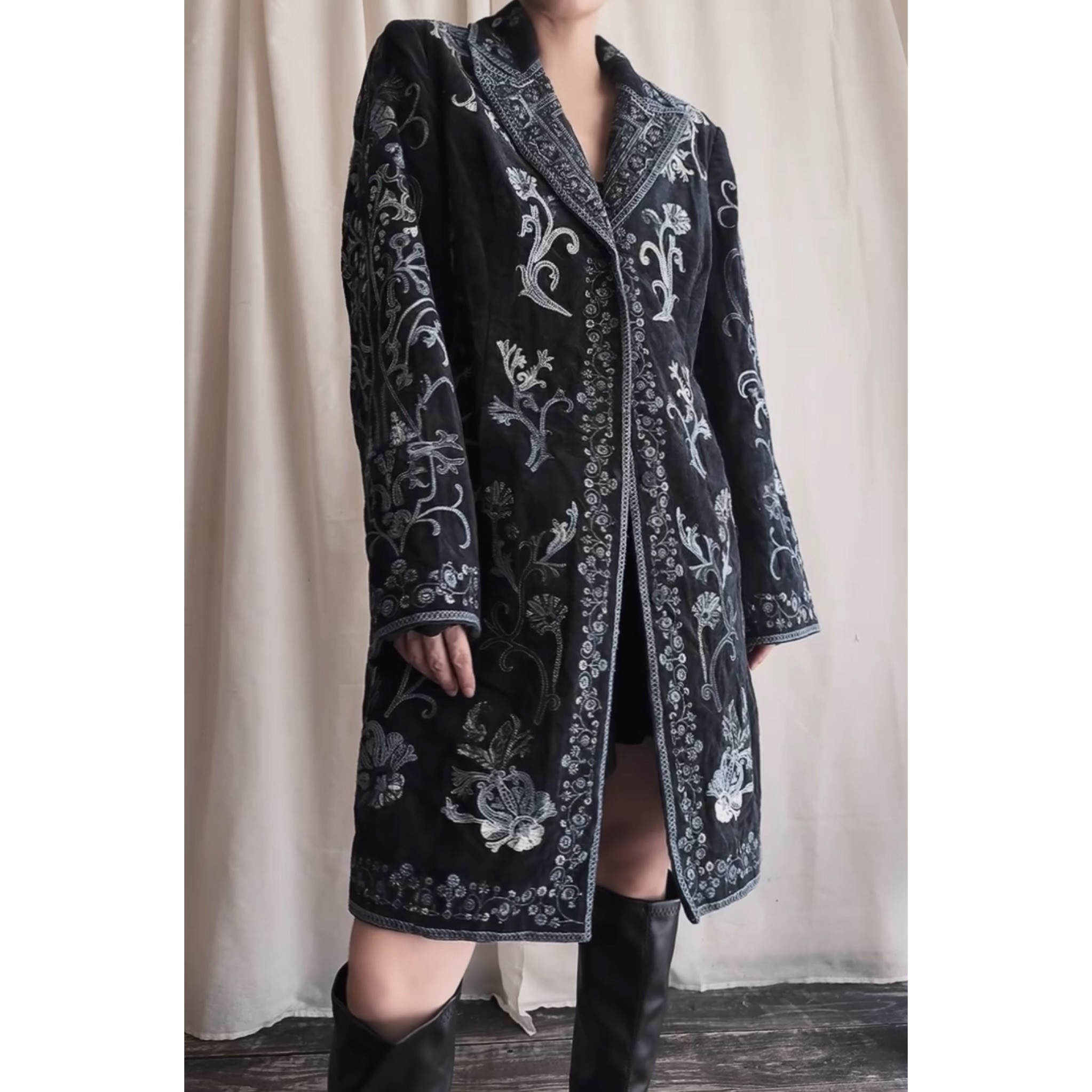 刺繍　花柄　ロングコート　古着　コットン　ジャケット　羽織り