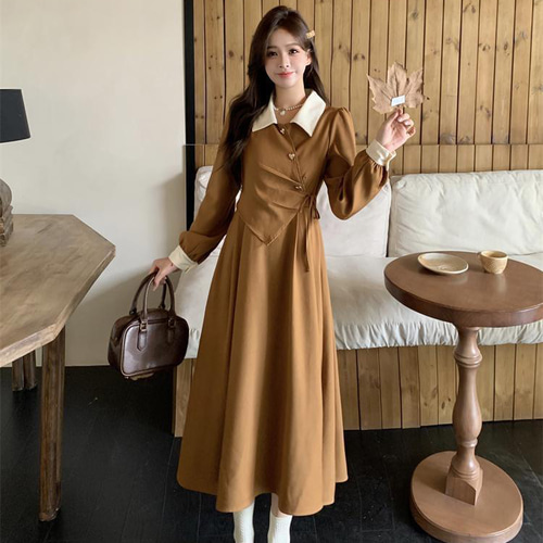 新品 大きいサイズ 3Lバイカラー ロングワンピース秋冬ブラウン A