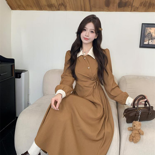 新品 大きいサイズ 3Lバイカラー ロングワンピース秋冬ブラウン A