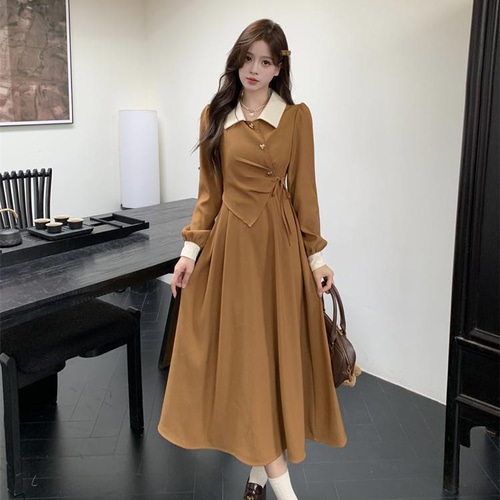 新品 大きいサイズ 3Lバイカラー ロングワンピース秋冬ブラウン A