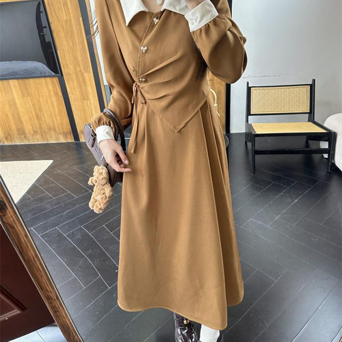 新品 大きいサイズ 3Lバイカラー ロングワンピース秋冬ブラウン A