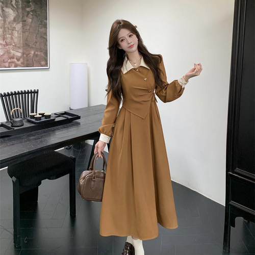 新品 大きいサイズ 3Lバイカラー ロングワンピース秋冬ブラウン A