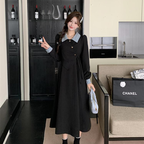 新品 大きいサイズ 3Lバイカラー ロングワンピース秋冬ブラウン A