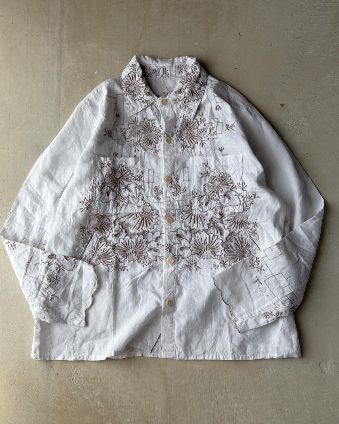 古着　アンティーク　ヴィンテージ　レース　刺繍 メンズ　長袖　シャツ