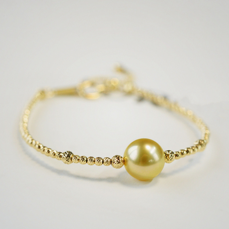 【ルミナ】9-10mm天然南洋ミディアムゴールデンパールバングル、18Kゴールドシングルビーズバングル、サンセットゴールドシリー