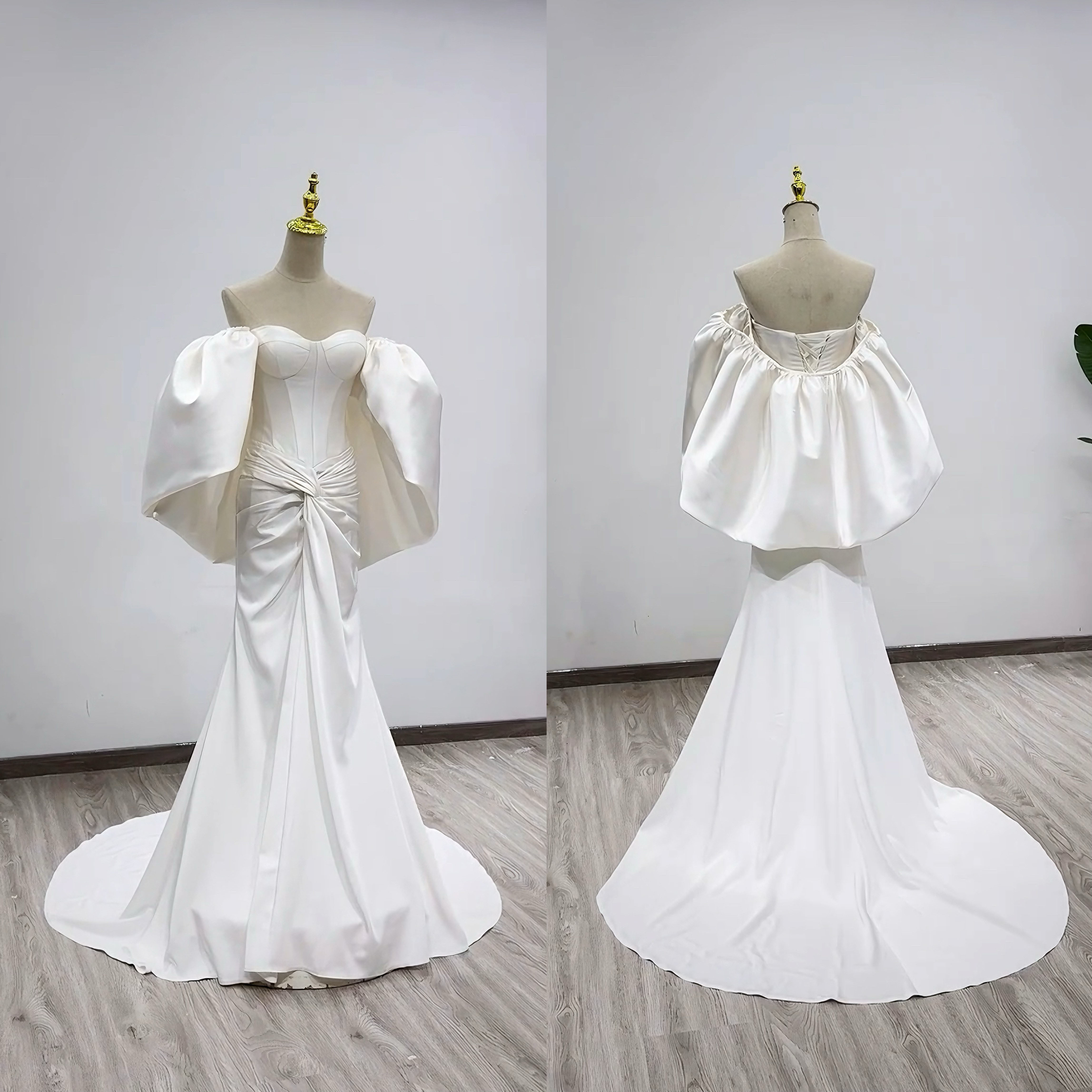 上質な生地　カラー変更可能　高級サテン　ラッパ袖エレガントなシルエット　フリル　トレーン取り外し可能お袖パーディー2次会