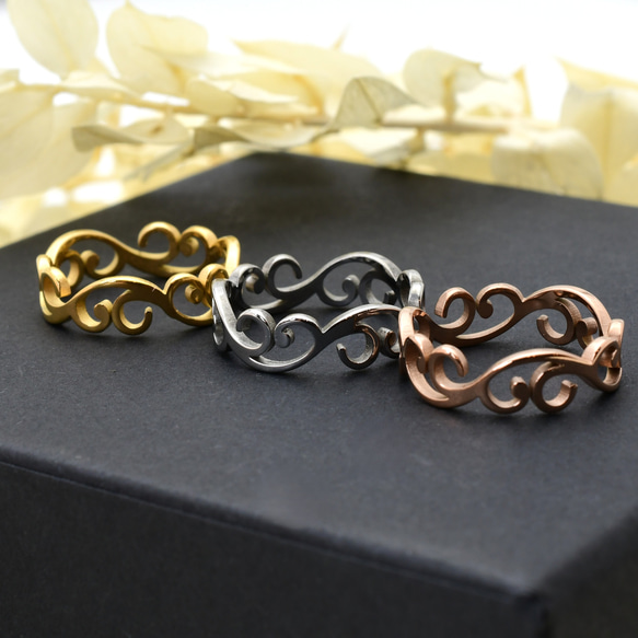 サージカルステンレス製＊アラベスク風カットアウトリング（3色展開）金属アレルギー対応 2枚目の画像