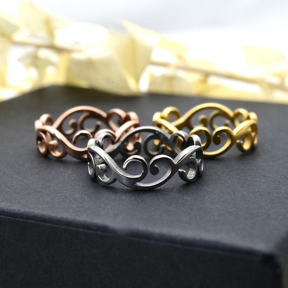 サージカルステンレス製＊アラベスク風カットアウトリング（3色展開）金属アレルギー対応 4枚目の画像