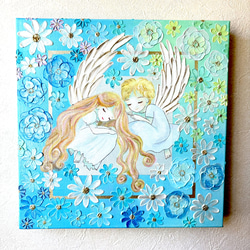 花束と天使のアクリル画 原画 癒しのインテリア テクスチャーアート