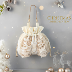 一番人気　秋冬コーデを格上げする、エレガントなファー巾着バッグ　クラシカルなインド刺繍生地とフリルがドラマティック 黒 15枚目の画像