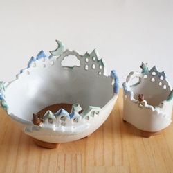 猫と梟の棲む月夜の街 2段鉢　P・Mh2　　(植物なし） 7枚目の画像