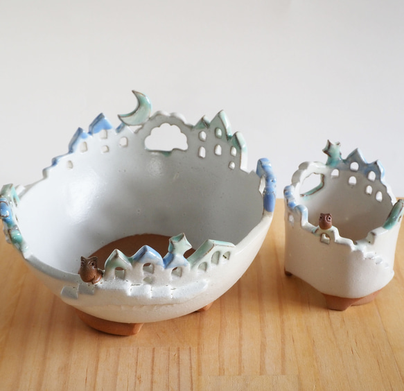 猫と梟の棲む月夜の街 2段鉢　P・Mh2　　(植物なし） 7枚目の画像