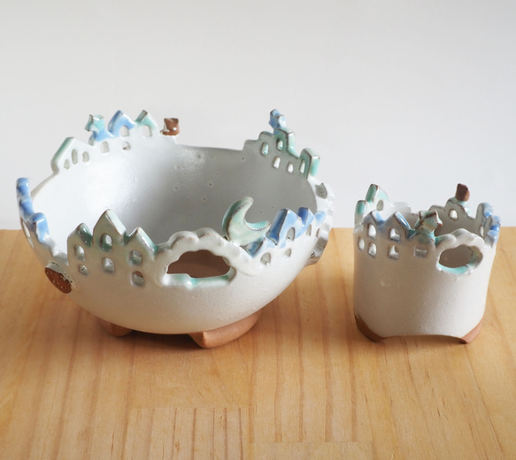 猫と梟の棲む月夜の街 2段鉢　P・Mh2　　(植物なし） 10枚目の画像