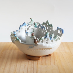 猫と梟の棲む月夜の街 2段鉢　P・Mh2　　(植物なし） 2枚目の画像