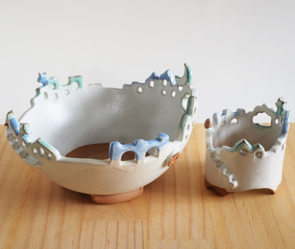 猫と梟の棲む月夜の街 2段鉢　P・Mh2　　(植物なし） 9枚目の画像