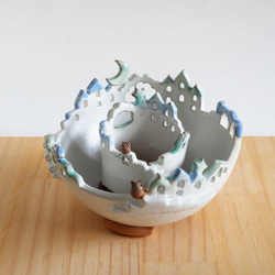 猫と梟の棲む月夜の街 2段鉢　P・Mh2　　(植物なし） 1枚目の画像