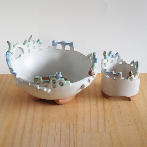 猫と梟の棲む月夜の街 2段鉢　P・Mh2　　(植物なし） 11枚目の画像