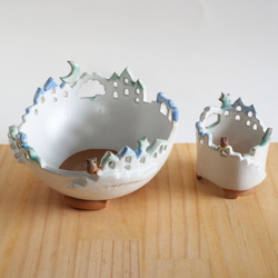 猫と梟の棲む月夜の街 2段鉢　P・Mh2　　(植物なし） 12枚目の画像