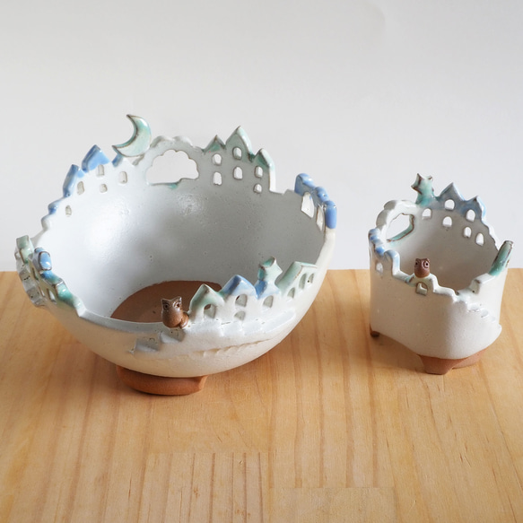 猫と梟の棲む月夜の街 2段鉢　P・Mh2　　(植物なし） 12枚目の画像