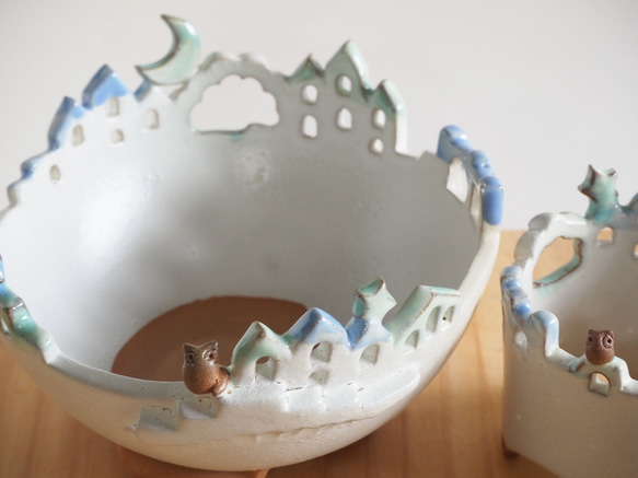 猫と梟の棲む月夜の街 2段鉢　P・Mh2　　(植物なし） 8枚目の画像