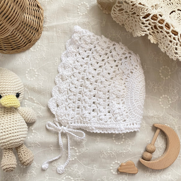 .* baby bonnet .* コットン100% 新生児　ベビー　ボンネット　帽子　simple 退院着 1枚目の画像