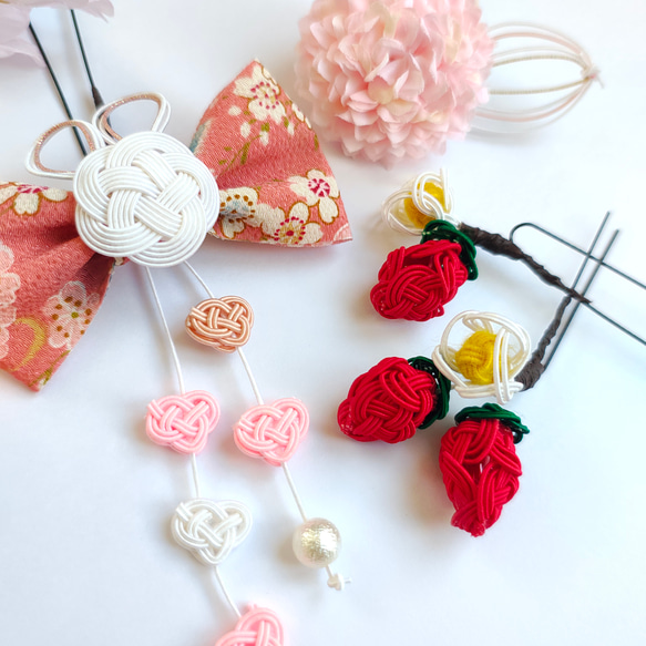 七五三 髪飾り 3歳 水引 うさぎ 苺 いちご リボン ハート ヘアクリップ