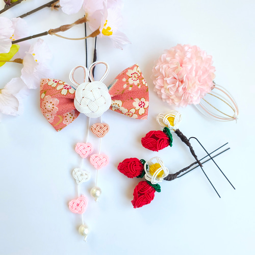 七五三 髪飾り 3歳 水引 うさぎ 苺 いちご リボン ハート ヘアクリップ