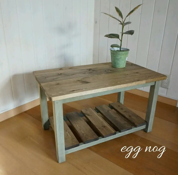 アンティーク風！オリーブ×焦げ茶色のツートンカラー ローテーブル(700×400×408mm)