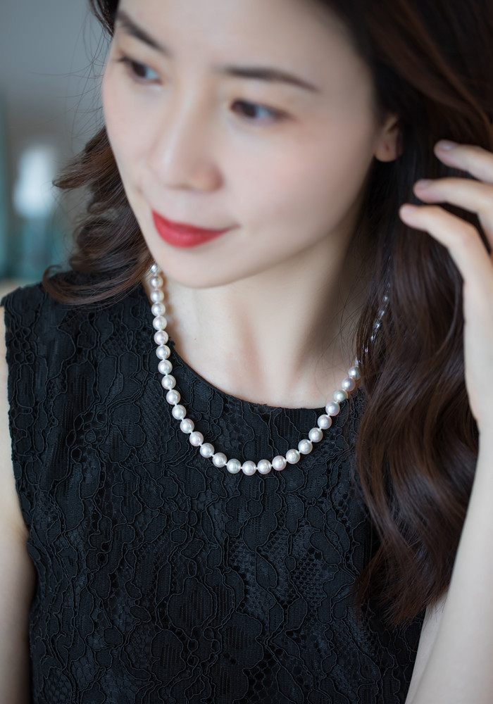 【ルミナ】7-8mm 日本製 翁天然アコヤ真珠ネックレス 18Kゴールドバックル付き ローズプレミアムシリーズ エレガントスタイ