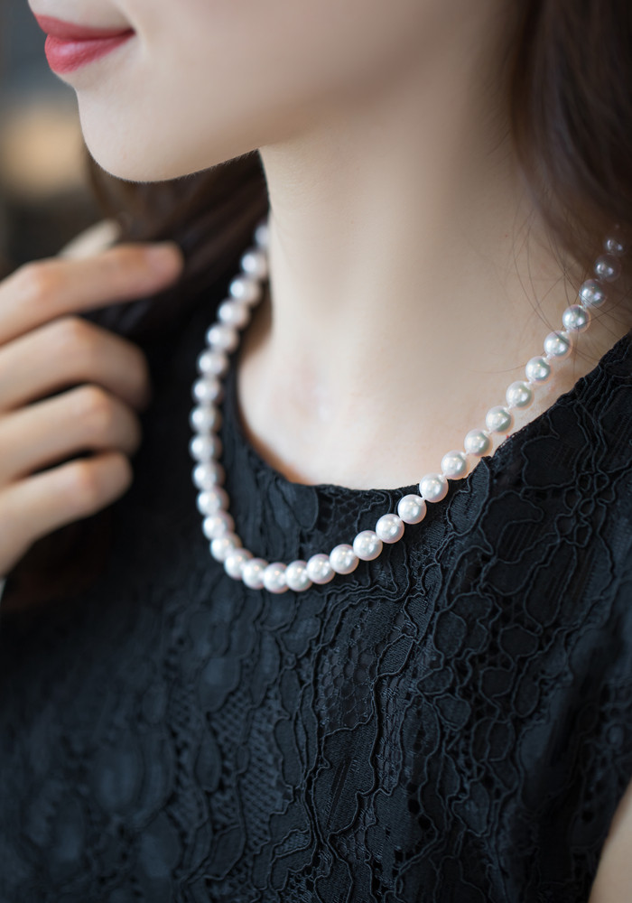 【ルミナ】7-8mm 日本製 翁天然アコヤ真珠ネックレス 18Kゴールドバックル付き ローズプレミアムシリーズ エレガントスタイ