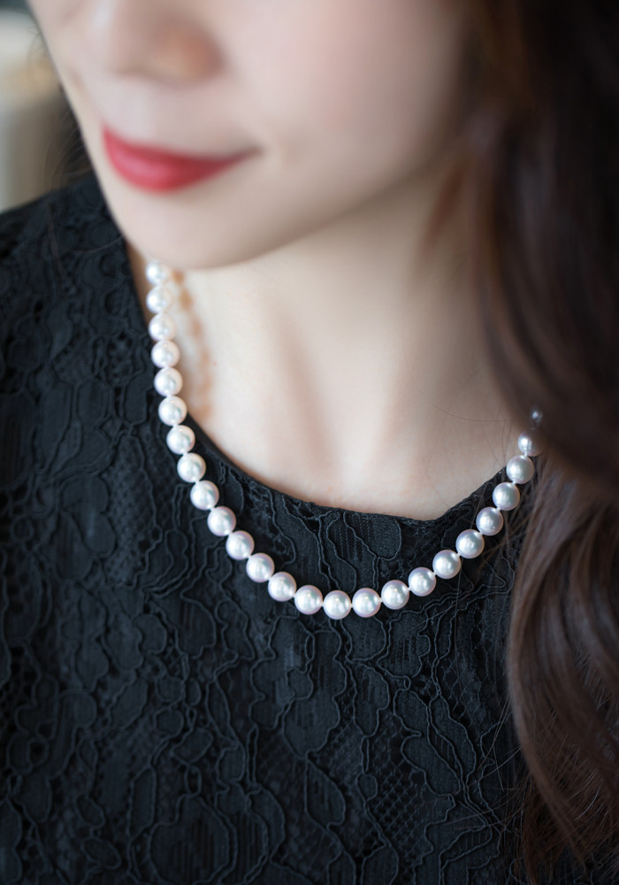 【ルミナ】7-8mm 日本製 翁天然アコヤ真珠ネックレス 18Kゴールドバックル付き ローズプレミアムシリーズ エレガントスタイ