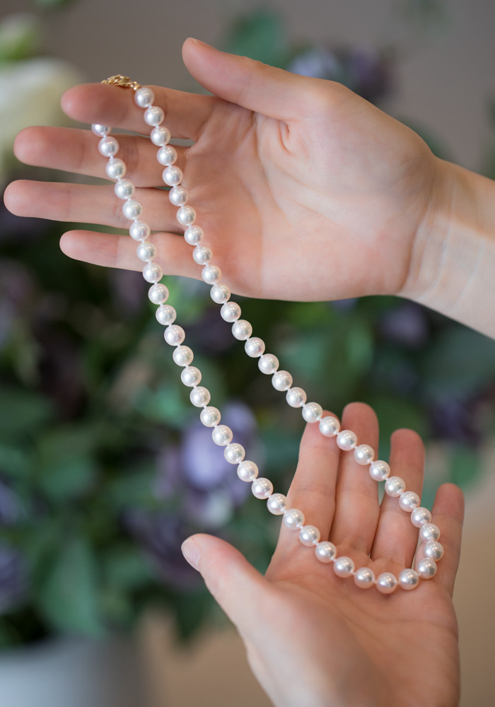 【ルミナ】7-8mm 日本製 翁天然アコヤ真珠ネックレス 18Kゴールドバックル付き ローズプレミアムシリーズ エレガントスタイ