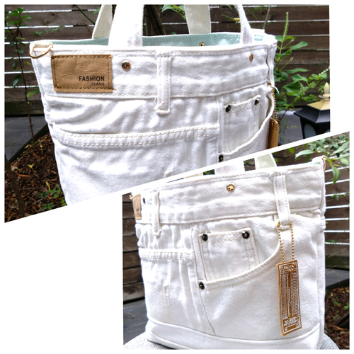 №769【whiteDENIM✖️ミントグリーン✨️ToteBAG⚮̈♥ 】白デニム