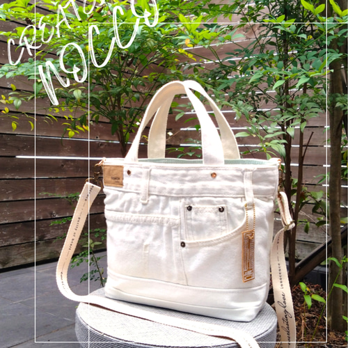 №769【whiteDENIM✖️ミントグリーン✨️ToteBAG⚮̈♥ 】白デニム