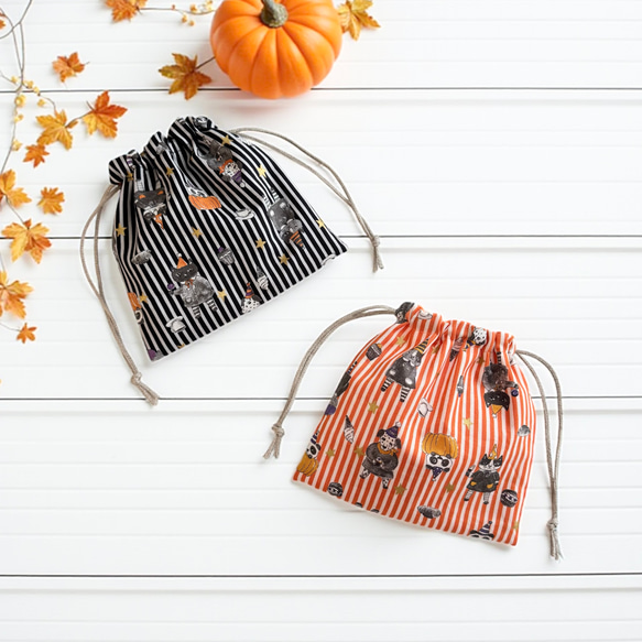 ハロウィンパーティー/巾着ポーチ・巾着袋/ストライプ 1枚目の画像