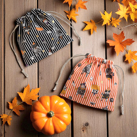 ハロウィンパーティー/巾着ポーチ・巾着袋/ストライプ 5枚目の画像