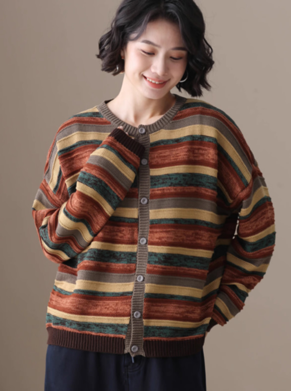 綿100% ｜カラフル ストライプ カーディガン レディース シングル