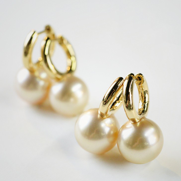 【ルミナ】9-12mm天然南洋ライトゴールドパールピアス、18Kゴールドフープピアス、ドライローズシリーズ、控えめな高級感、パー