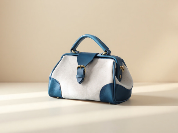 「帆布×革の組み合わせ」大人気！フラットタイプのがま口バッグ 手作りのショルダーバッグ　2WAY 中型鞄 2枚目の画像