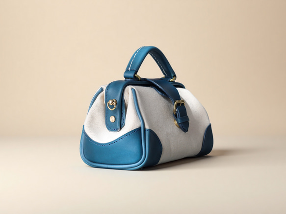 「帆布×革の組み合わせ」大人気！フラットタイプのがま口バッグ 手作りのショルダーバッグ　2WAY 中型鞄 5枚目の画像