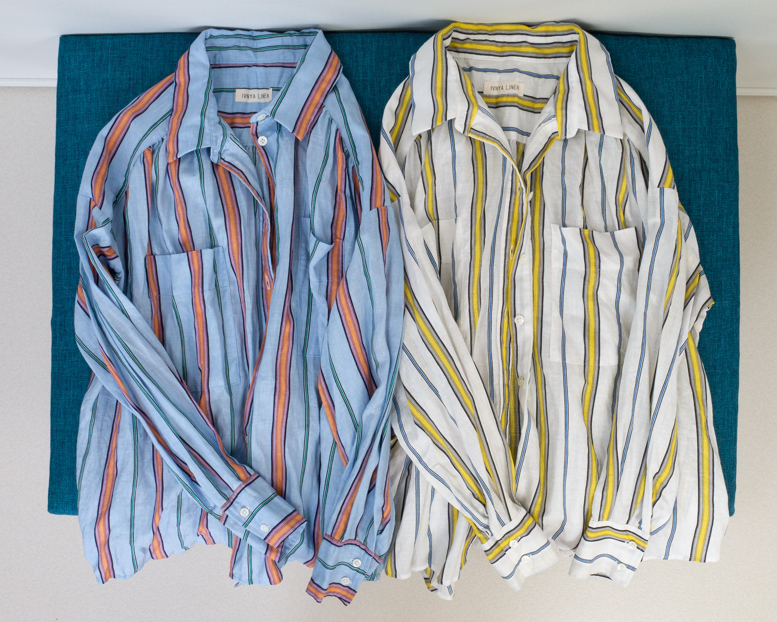 マルチストライプのリネンシャツ【アイボリー・スカイブルー】