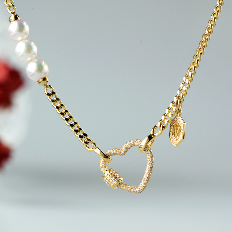 【ルミナ】18Kゴールド ダイヤモンドスタッズ ハート型パールネックレス 6.5-7mm 日本製アコヤ天然海水真珠ネックレス 多