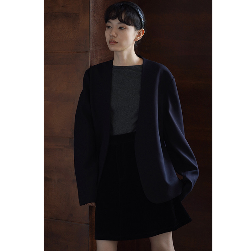 インテリ風 オーバーサイズ Vネック シングルブレザー（ゆったり着やせ） ブラック S-L#766