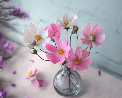 ◇粘土のお花◇ コスモス ピンク＆ホワイト K1295 アートフラワー Old