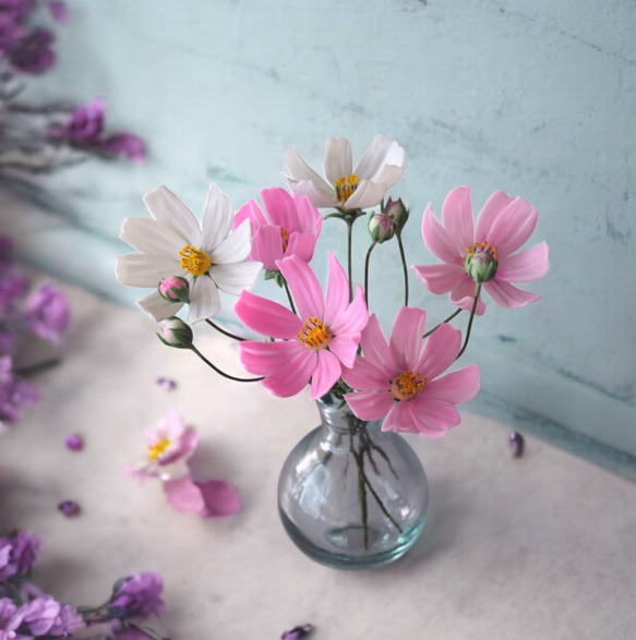 ◇粘土のお花◇ コスモス ピンク＆ホワイト K1295 アート