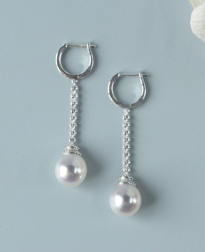 【ルミナ】9-10mm 天然南洋オーストラリア産ホワイトティアドロップパールイヤリング、18Kホワイトゴールド、ダイヤモンド付き