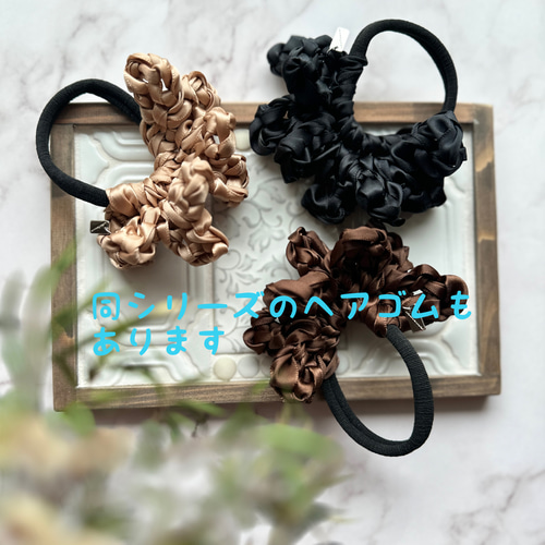 ハンドメイド ヘアゴム* サテンリボン クロシェシュシュ/ハート 花 ロゼッタ かぎ編み