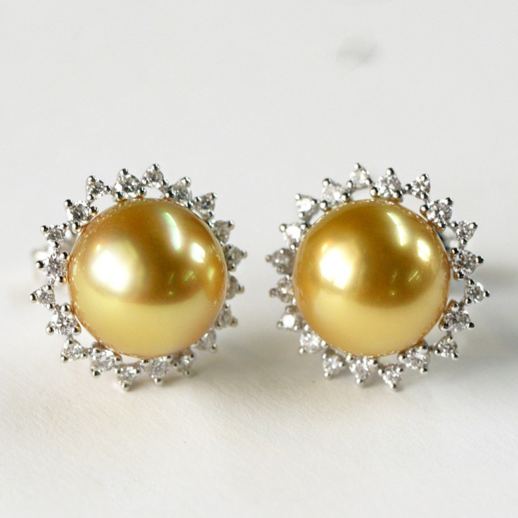 【ルミナ】10～11mm天然南洋ゴールデンパールスタッドピアス、18Kゴールドダイヤモンドセットひまわりシリーズ、明るく豪華、多