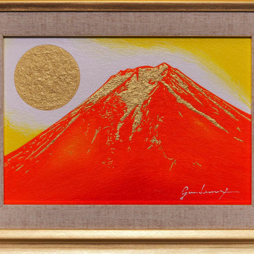 肉筆油絵○富士吉田からの金の赤富士山○がんどうあつし直筆絵画SM油彩