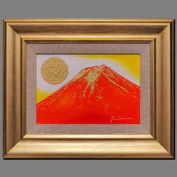 ●『西湖から陽色に染まる朝日の富士山』がんどうあつし油絵原画F4額付オレンジ山吹 ○『西湖から陽色に染まる朝日の富士山』がんどうあつし油絵原画
